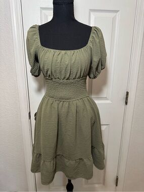 Olive Green Puff-Sleeve Smocked Waist Dress